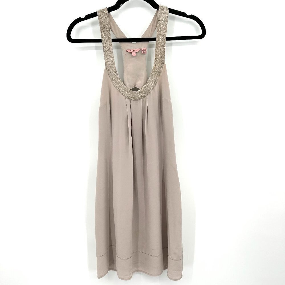 TED BAKER *FLAWED* Stone Gray Purple 100% Silk Beaded Mini Shift Dress Size XS